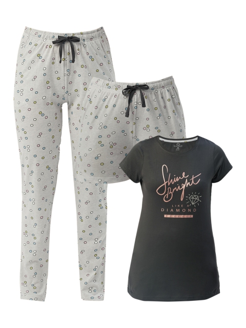 

Sweet Dreams Women Charcoal Grey & Grey Melange Printed Pyjamas & Shorts Set