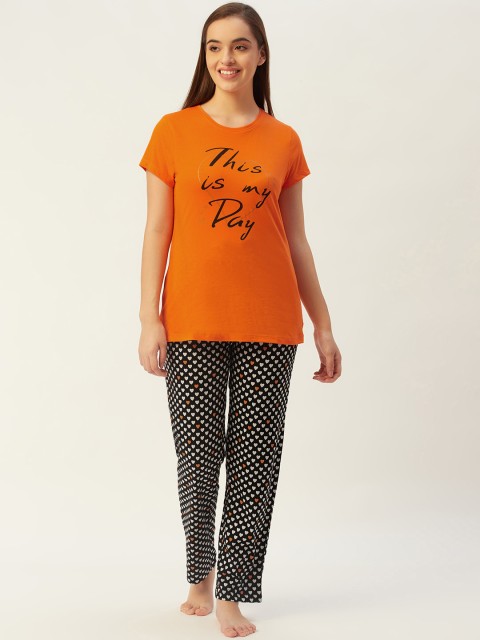 

Sweet Dreams Women Orange & Black Typography Print Pyjamas Set