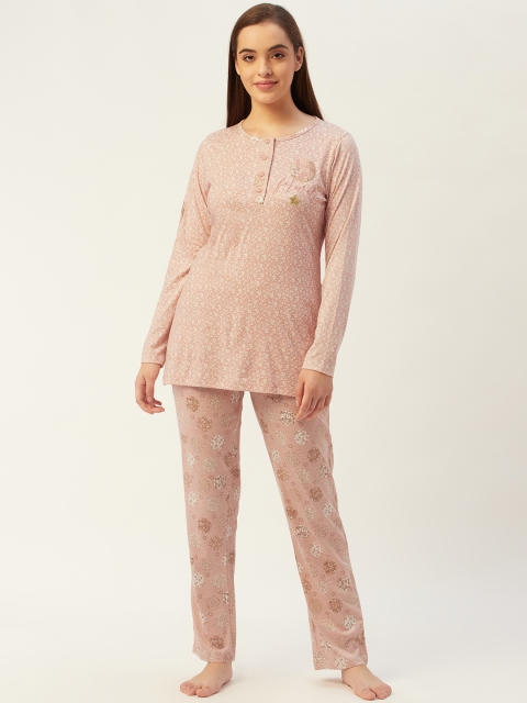 

Sweet Dreams Women Peach-Coloured & White Floral Print Pure Cotton Pyjamas Set