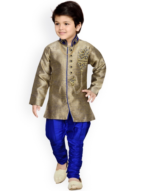 

Aj DEZInES Boys Brown & Blue Embroidered Silk Kurta Pyjama