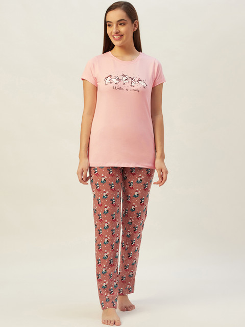 

Sweet Dreams Women Pink & White Snowman Print Pyjamas Set