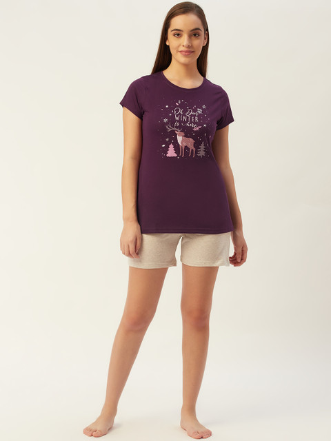 

Sweet Dreams Women Purple & Grey Melange Printed Shorts Set