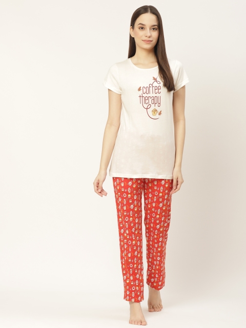 

Sweet Dreams Women Off White & Coral Red Typographic Print Cotton Pyjamas Set