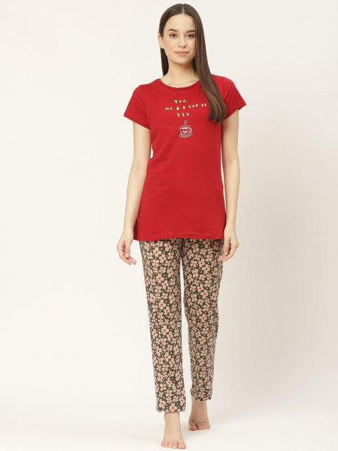 

Sweet Dreams Women Red & Brown Pure Cotton Printed Pyjama Set