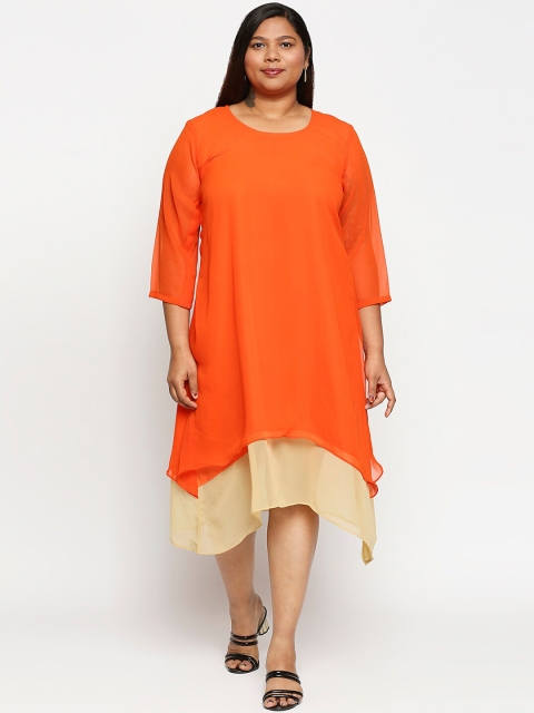 

XXLLENT Women Orange & Orange Colourblocked Georgette A-Line Midi Dress
