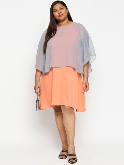 

XXLLENT Women Peach-Coloured & Grey Colourblocked Crepe A-Line Dress