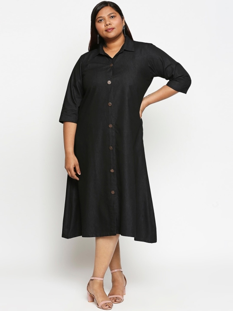 

XXLLENT Women Black Denim Shirt Midi Dress