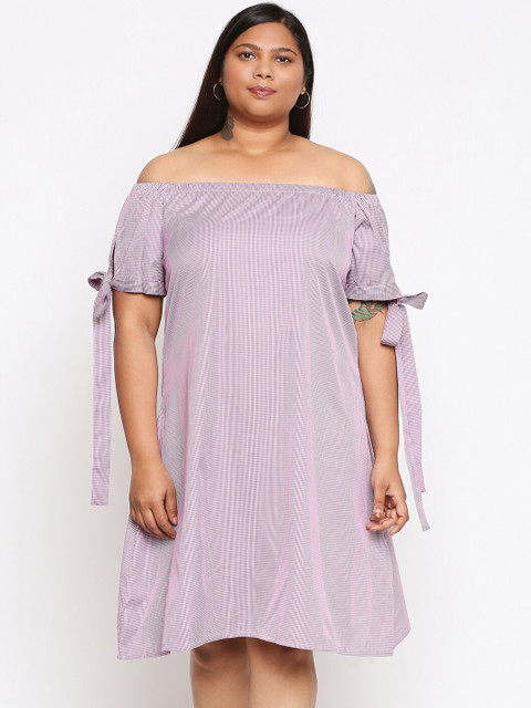 

XXLLENT Women Pink Checked Off-Shoulder A-Line Dress