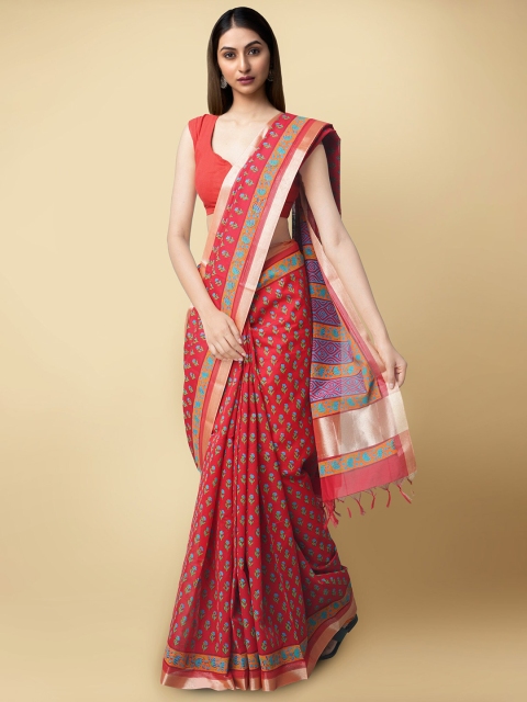 

Unnati Silks Red & Gold-Toned Ethnic Motifs Zari Silk Cotton Chanderi Saree
