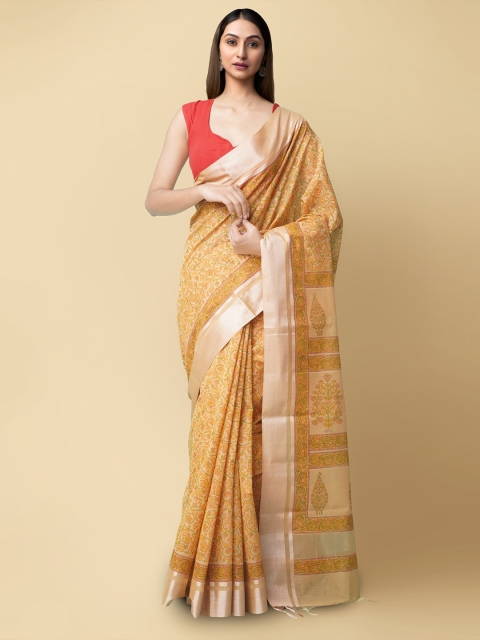

Unnati Silks Brown & Green Ethnic Motifs Zari Silk Cotton Chanderi Saree