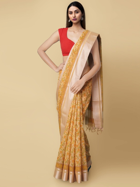 

Unnati Silks Brown & Green Floral Zari Silk Cotton Chanderi Saree