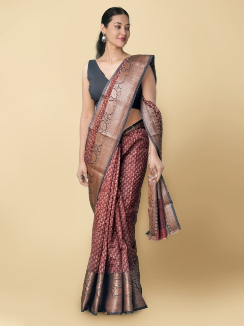 

Unnati Silks Maroon & Gold-Toned Ethnic Motifs Silk Cotton Maheshwari Saree