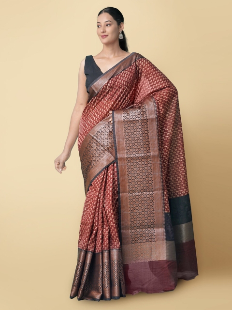 

Unnati Silks Maroon & Black Ethnic Motifs Silk Cotton Maheshwari Saree