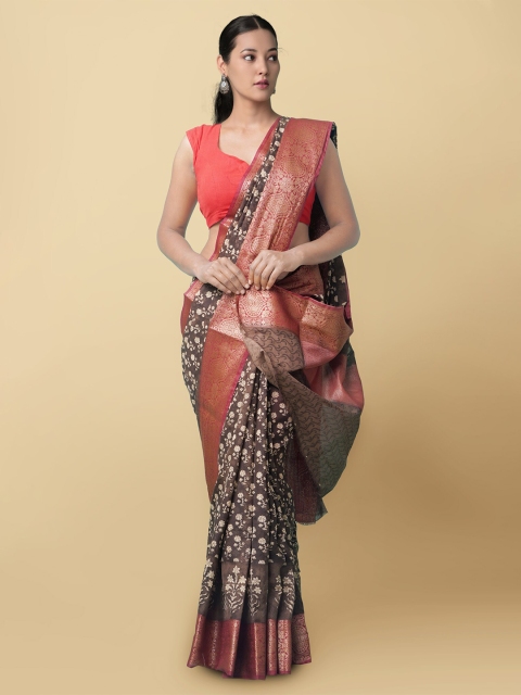 

Unnati Silks Grey & White Ethnic Motifs Silk Cotton Maheshwari Saree