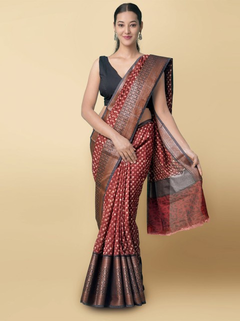 

Unnati Silks Maroon & Grey Floral Zari Silk Cotton Maheshwari Saree