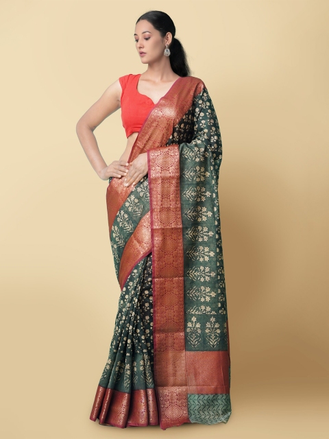 

Unnati Silks Green & Off White Floral Zari Silk Cotton Maheshwari Saree