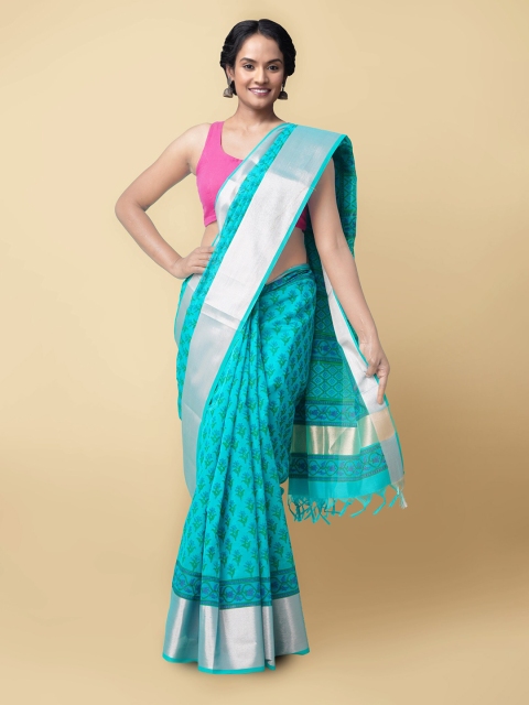 

Unnati Silks Turquoise Blue & Green Floral Zari Silk Cotton Chanderi Saree