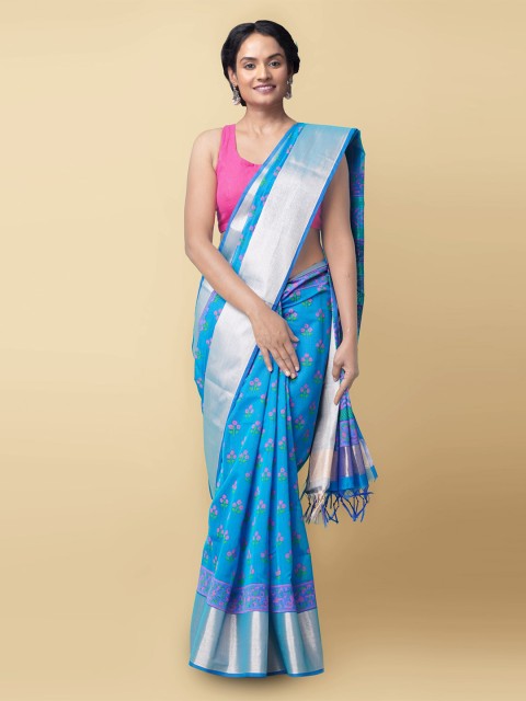 

Unnati Silks Blue & Pink Floral Zari Silk Cotton Chanderi Saree