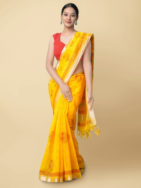 

Unnati Silks Yellow & Red Floral Zari Silk Cotton Chanderi Saree