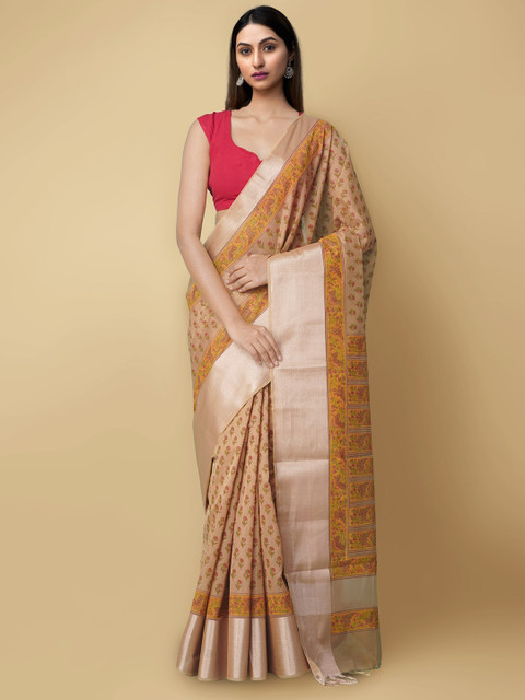 

Unnati Silks Brown & Red Floral Zari Silk Cotton Chanderi Saree