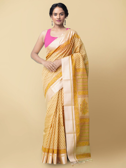 

Unnati Silks Brown & Green Floral Zari Silk Cotton Chanderi Saree