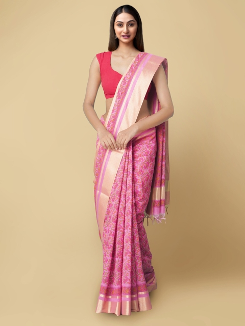 

Unnati Silks Women Pink & Gold-Toned Pure Vrinda Chanderi Sico Sustainable Saree