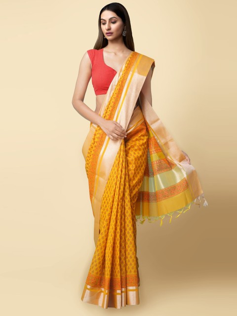 

Unnati Silks Yellow & Red Floral Zari Silk Cotton Chanderi Saree