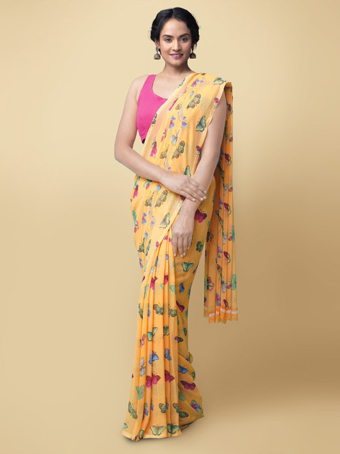 

Unnati Silks Orange & Green Floral Saree