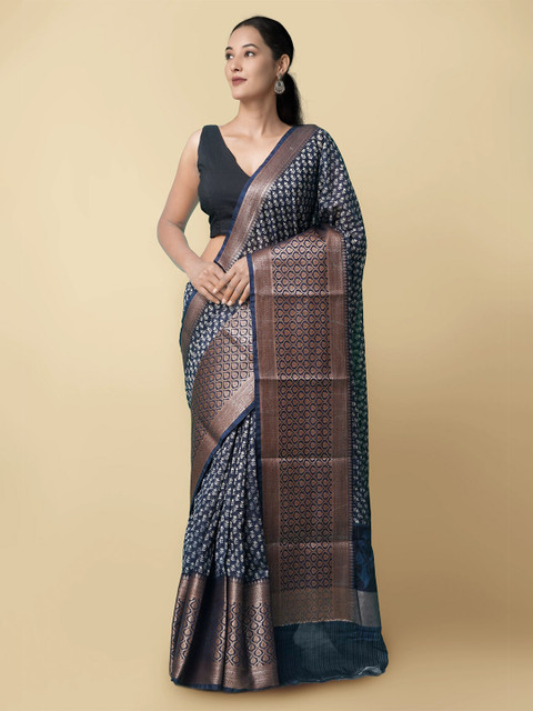 

Unnati Silks Navy Blue & White Ethnic Motifs Zari Silk Cotton Maheshwari Saree