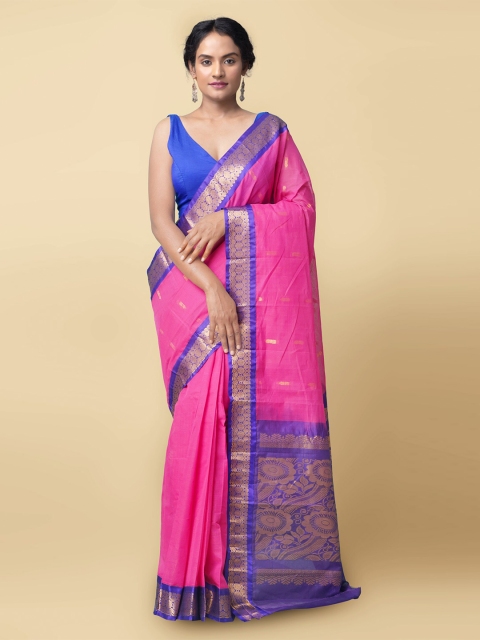 

Unnati Silks Pink & Blue Ethnic Motifs Zari Pure Cotton Gadwal Saree