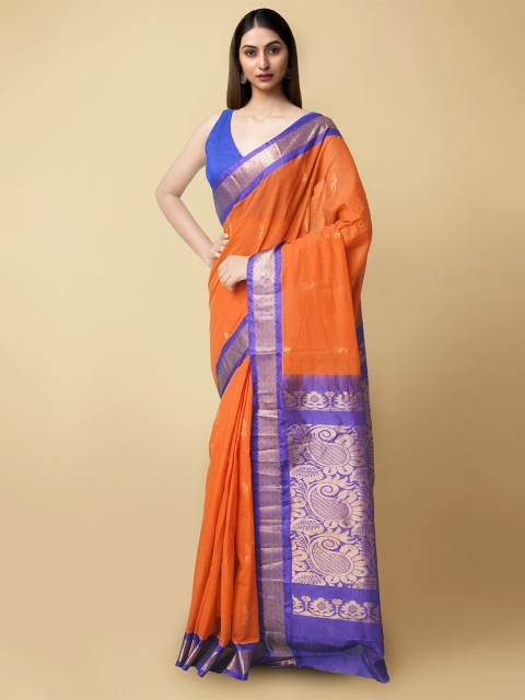 

Unnati Silks Orange & Blue Woven Design Zari Pure Cotton Gadwal Saree
