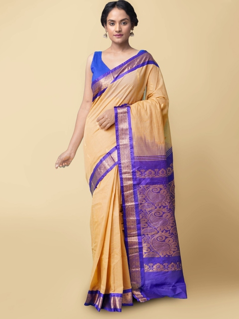 

Unnati Silks Brown & Blue Zari Pure Cotton Gadwal Saree