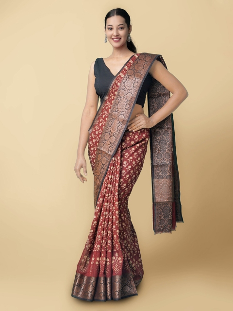 

Unnati Silks Maroon & Navy Blue Floral Zari Silk Cotton Maheshwari Saree
