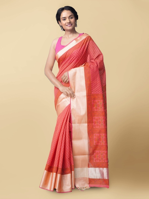 

Unnati Silks Red & Green Floral Zari Silk Cotton Chanderi Saree