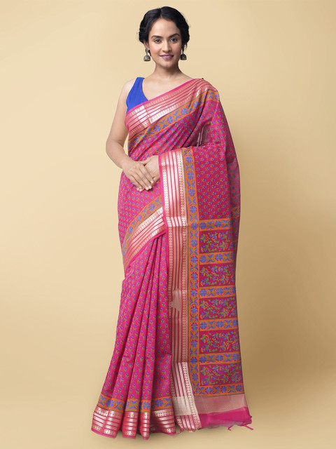 

Unnati Silks Pink & Green Floral Zari Silk Cotton Chanderi Saree