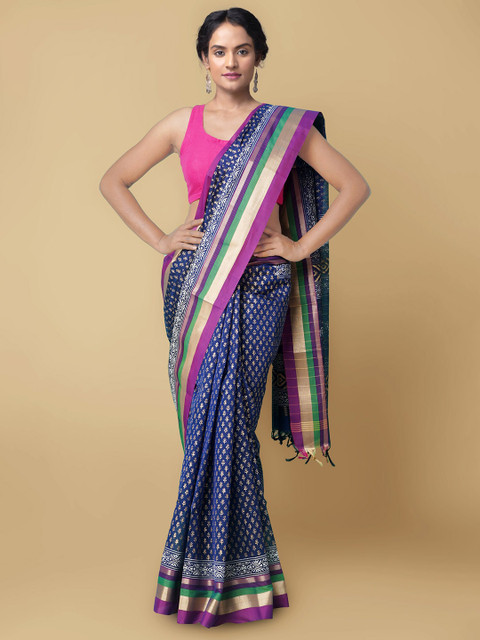 

Unnati Silks Women Blue & Beige Pure Vrinda Chanderi Sico Sustainable Saree