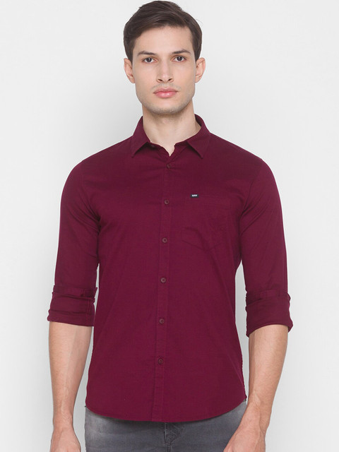 

SPYKAR Men Maroon Slim Fit Opaque Cotton Casual Shirt