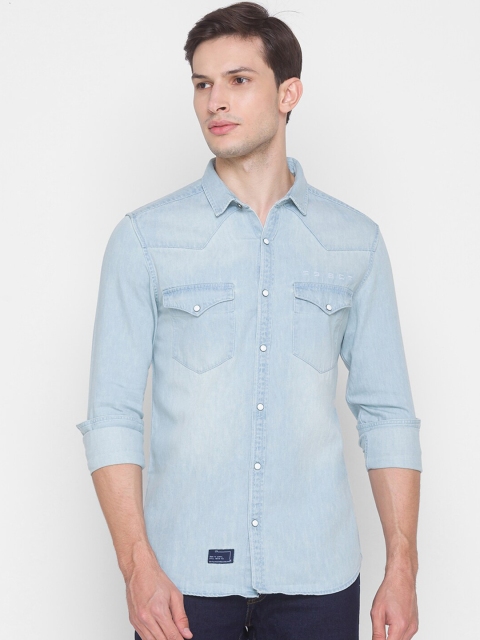 

SPYKAR Men Blue Slim Fit Faded Opaque Faded Casual Shirt