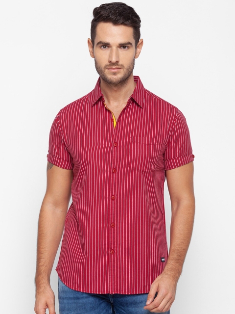 

SPYKAR Men Red Slim Fit Opaque Striped Pure Cotton Casual Shirt