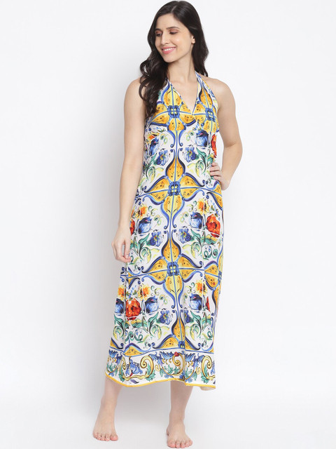 

Organza Women Multicoloured Floral Printed Midi Nightdress, Multi
