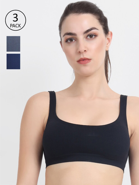 

Beau Design Women Pack of 3 Black & Navy Blue Non Wired Workout Bra-PCBD-SB-BK-GY -NB