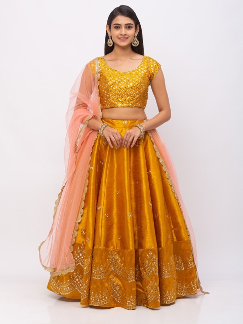 

6Y COLLECTIVE Mustard & Pink Embroidered Semi-stitched Lehenga-unstitched blouse & dupatta