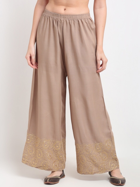 

TAG 7 Women Beige & Gold-Toned Paisley Embroidered Flared Palazzos