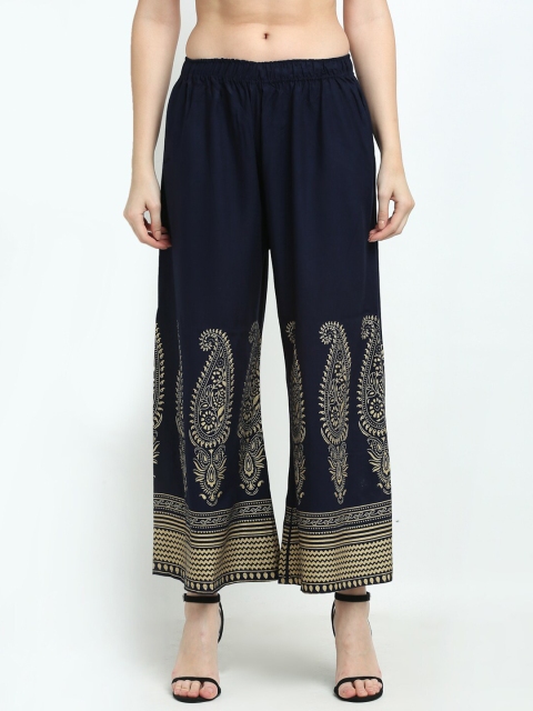 

TAG 7 Women Navy Blue & Gold-Toned Paisley Printed Flared Ethnic Palazzos