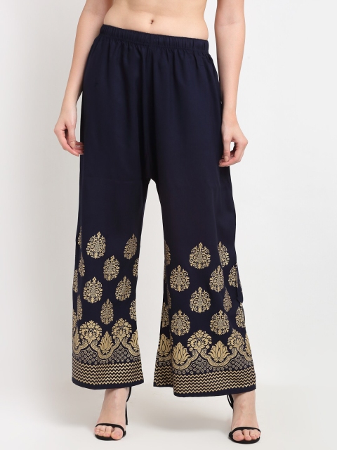 

TAG 7 Women Navy Blue & Gold Ethnic Motifs Foil Printed Flared Palazzos