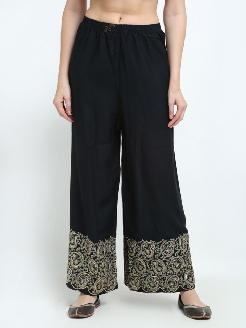 

TAG 7 Women Black & Gold-Toned Paisley Embroidered Flared Ethnic Palazzos