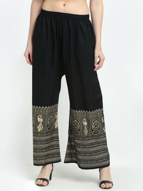 

TAG 7 Women Black & Gold-Toned Ethnic Motifs Printed Flared Ethnic Palazzos