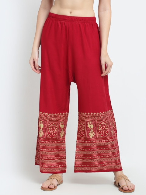 

TAG 7 Women Maroon & Gold-Toned Ethnic Motifs Printed Flared Ethnic Palazzos