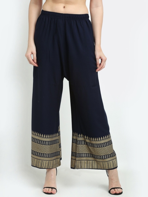 

TAG 7 Women Navy Blue & Gold-Toned Printed Flared Ethnic Palazzos