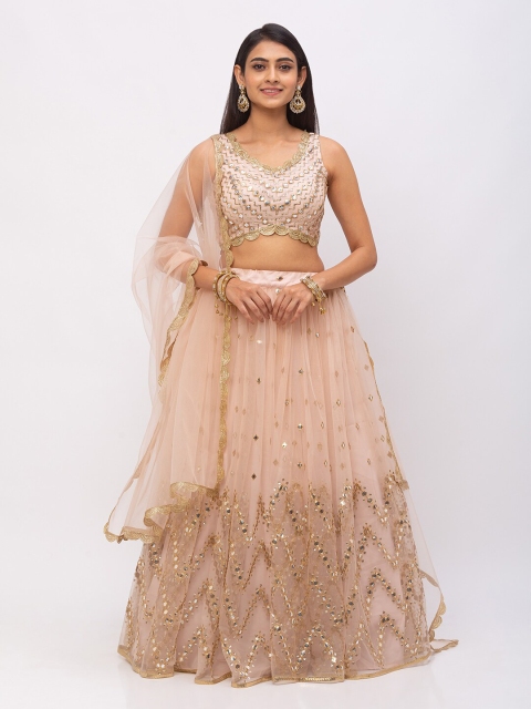 

6Y COLLECTIVE Champagne & Gold-Toned Semi-stitched Lehenga-unstitched blouse & dupatta